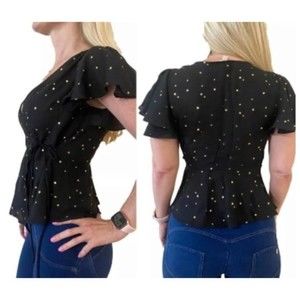 Gianni Bini Sheer Black Wrap Top Gold Star Print Split Flutter Sleeve Women's M